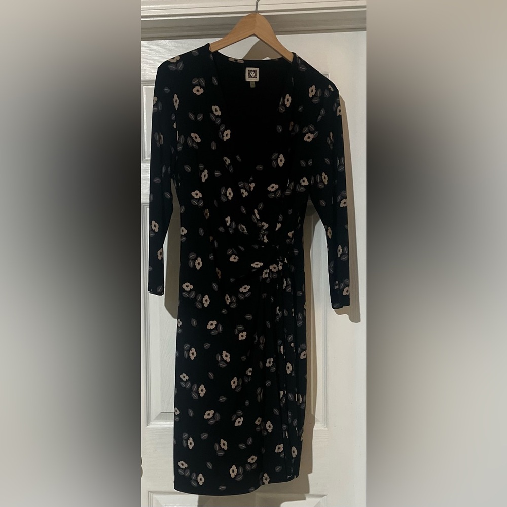 Anne Klein multi colored but black base midi wrap dress size L